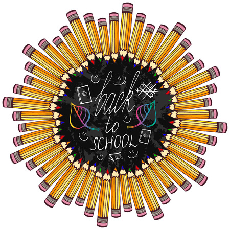 Back to school. Frame with colorful pencil and blackboard. Vector background for school days decorationのイラスト素材