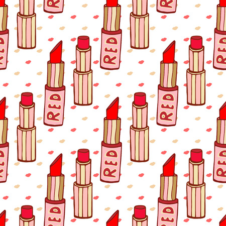 Seamless watercolor pattern with beauty items on the white background, lipstick.  Vector illustration. Hand-drawn original cosmetics background. Useful for invitations, scrapbooking, design.のイラスト素材