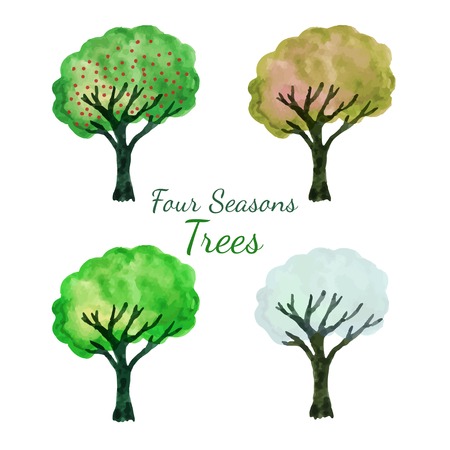Four season trees set. Watercolor isolated trees vector set. Hand paint illustrationのイラスト素材