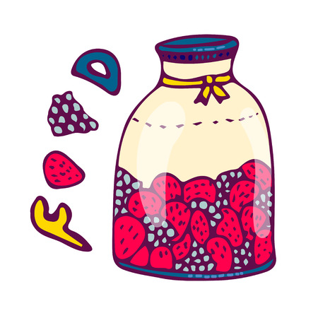Delicious vegan jam in jar, made of ripe juicy strawberry covered with textile cap.のイラスト素材