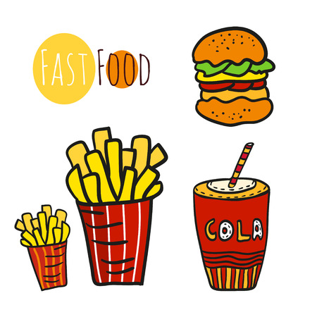 Hand drawn fast food set. Doodle street food. Fries potato, cola and burgers icon collection.のイラスト素材