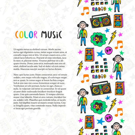 Hand drawn music border. Music sketch colorful icons . Template for flyer, banner, poster, brochure, cover, postcards, web page, festival or concert decorationのイラスト素材