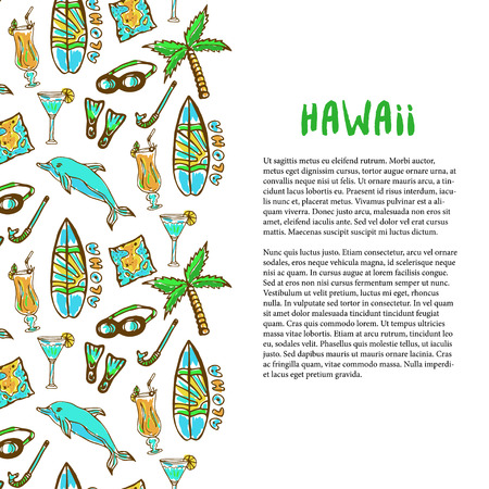 Hand drawn surfing and diving decoration. Hawaii holiday. Tourism vector background. Banner or poster, brochure, travel design templateのイラスト素材