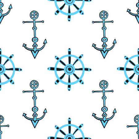 Seamless nautical background with anchors and ship helm. Hand drawn sea seamless patternのイラスト素材