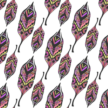 Colorful feathers seamless pattern in zentangle style. Hand drawn doodle ethnic ornament pattern with vector featherのイラスト素材