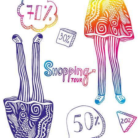 Colorful illustration with sales elements and legs of woman in doodle fashion ornaments. Vector travel background with  girl's legs and lettering - shopping tour conceptのイラスト素材
