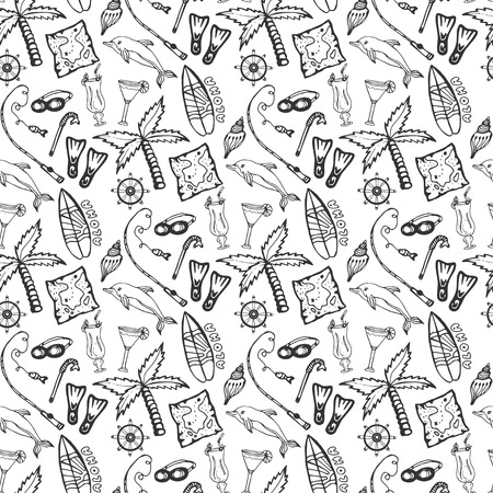 Hand drawn background with summer holiday elements. Tourism vector seamless pattern for banner, brochure designの写真素材