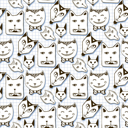 Doodle cats seamless pattern. Hand drawn cartoon cute animal faces background. Used for wallpaper, pattern fills, packaging design, textileのイラスト素材