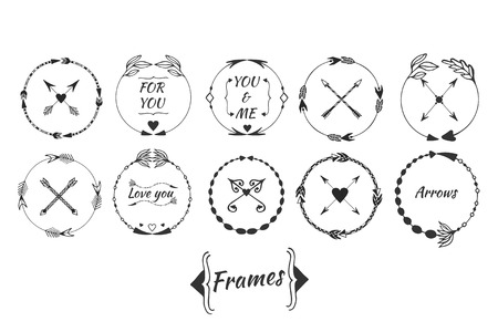 Big set of arrow frames and tribal border. Ethnic collection with decorative elements, round labels. のイラスト素材
