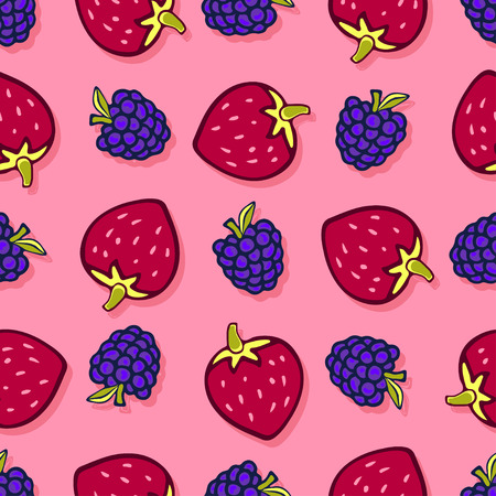 Blackberry and strawbeerry seamless pattern. Vector doodle berries design for wallpaper, web page background, wrapping, packaging, textile, scrapbook, fabric, menuのイラスト素材