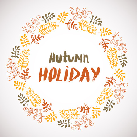 Autumn holiday background. Circle hand drawn frame. Colorful banner with leaves. vector designのイラスト素材
