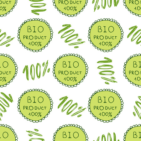 Bio green pattern. Eco seamless background. 100% Organic natural backdrop.Hand drawn texture. Farm, healthy product decor.のイラスト素材