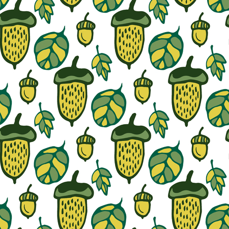 Autumn background. Seamless pattern with green acorns and leaves. Hand drawn vector for fabric, textile, wrapping and packagingのイラスト素材