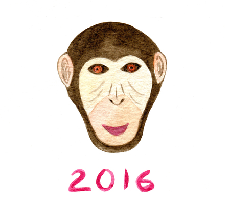 Watercolor monkey print. Happy New year card. 2016 Year of Monkey. Chimpanzee artworkの写真素材