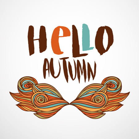 Hello Autumn print with wavy doodle art. Hand drawn vector poster, banner, card with letteringのイラスト素材
