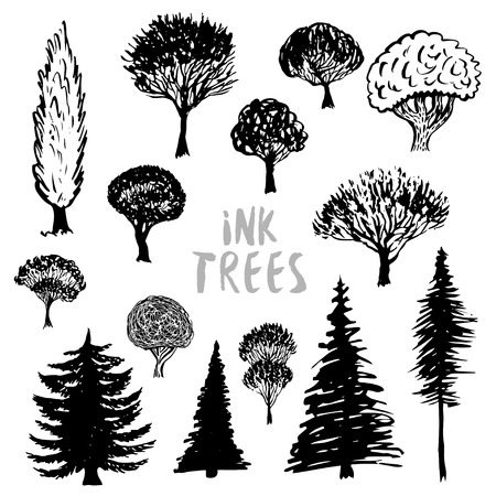 Trees silhouette vector. Inked hand drawn isolated set.のイラスト素材