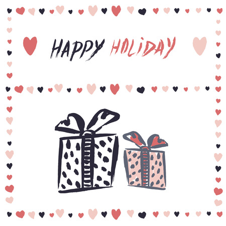 Gift boxes Vector banner. Simple freehand drawing greeting, invitation card Valentines Day, Christmas, birthdayのイラスト素材