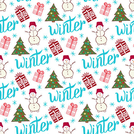 Winter holiday pattern. Cute new year seamless pattern with snowman, tree and giftsのイラスト素材