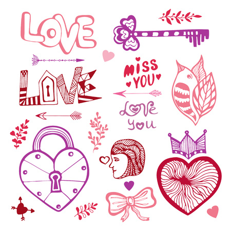 Happy Valentines day. Cute doodle collection with hearts, lettering and other elements for invitations, scrapbooks, cardsのイラスト素材