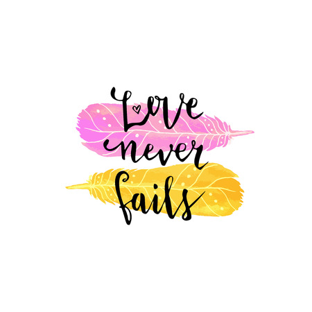 Valentine day card. lettering with cute watercolor feathers in pink and yellow colors. Love never fails.のイラスト素材