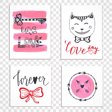 Cute hand drawn Valentines day cards with lettering. Perfect for love day, birthday, save the dateのイラスト素材
