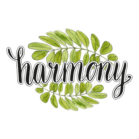 Harmony handwriting lettering with watercolor leaves background . Eco banner or icon. Calligraphic poster.のイラスト素材