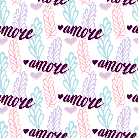 seamless pattern with lettering italian word Amore - Love. Valentines day background. Romantic floral illustration for print, web.のイラスト素材