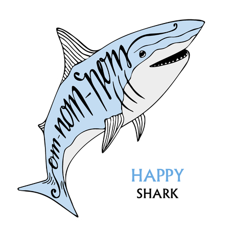 Typography poster with cute shark. Smiling shark. Om nom nom creative text for tasty food cafe.のイラスト素材