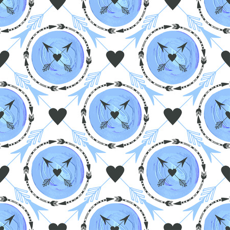 Fashion background with arrows and circles ornament. Geometric print design. Tribal seamless vector pattern with blue painting textureのイラスト素材