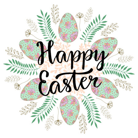 Cute Happy Easter lettering on celebration blackboard with floral and eggs. Easter card. Vector...