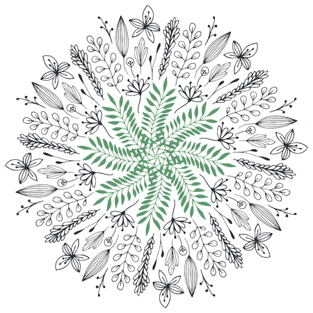 Hand drawn floral illustration. Abstract circle with cute doodle flowers. Vector decorative design element. Spring artのイラスト素材