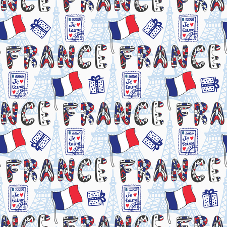 France seamless pattern with creative doodle lettering and flag. Vector background in national colorsのイラスト素材