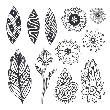 Nature collection in zentangle style. Hand drawn vector set with doodle flowers and leaves. For coloring page, stickers or other design decorationのイラスト素材