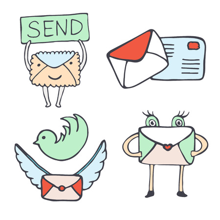 Mail and social media vector icons. Set of hand drawn doodle letters stickers.のイラスト素材