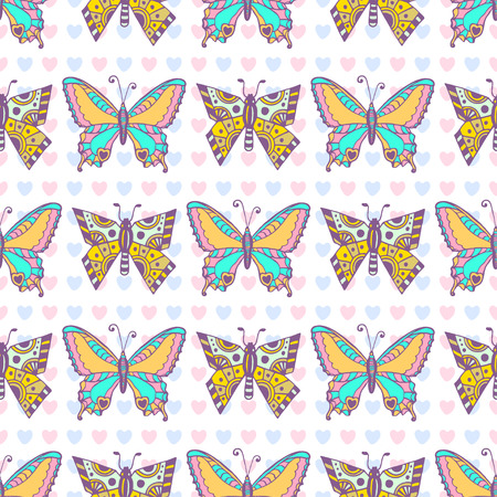 Butterflies pattern. Hand drawn vector seamless print. Can be used for wrapping, packaging and textile design.のイラスト素材