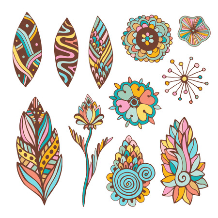 Abstract floral set. Hand drawn vector doodle flowers and leavesのイラスト素材