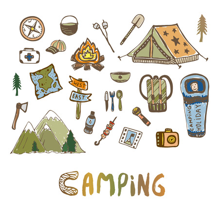 camping elements. Summer vacation icons. sketches set of travel icons.のイラスト素材