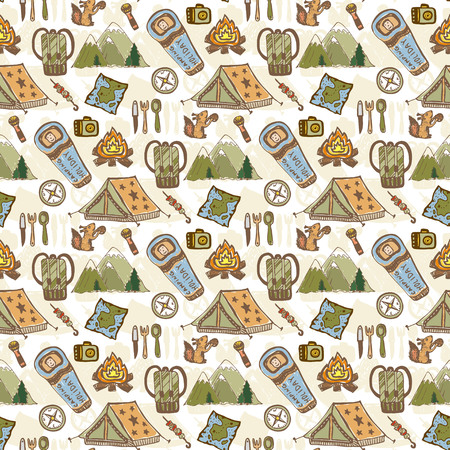 pattern with camping travel elements. Summer camp seamless background. Travel doodle pattern.のイラスト素材