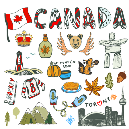 Sketch  collection of Canada symbols. Canadian culture had sketched set. travel illustration with doodle lettering.のイラスト素材