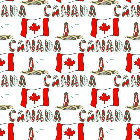 seamless pattern with Canada flag and lighthouse. Canadian background with national flag and doodle lettering. illustration.のイラスト素材