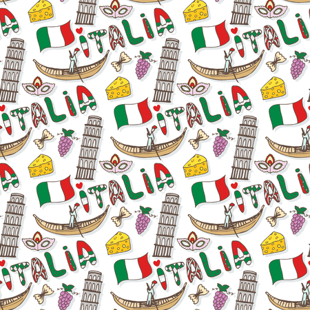 Italy seamless pattern with flag and culture elements. doodle travel background. Italia lettering in italian language - Italy.のイラスト素材