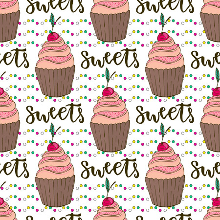 Vector cupcakes seamless pattern. Doodle background with sweets cakes. Birthday decoration.のイラスト素材