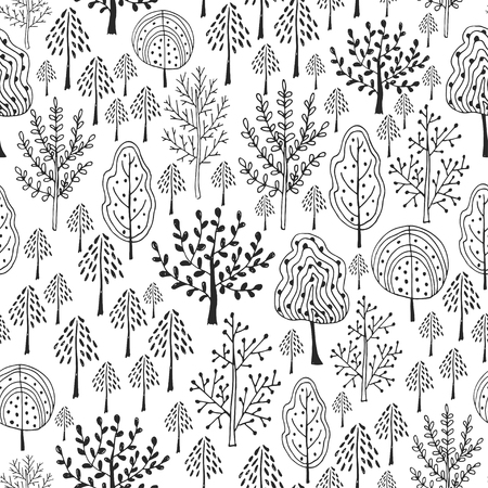 Trees vector pattern. Doodle seamless pattern with creative trees. Pattern design for textile or packaging. Adult coloring book page.のイラスト素材