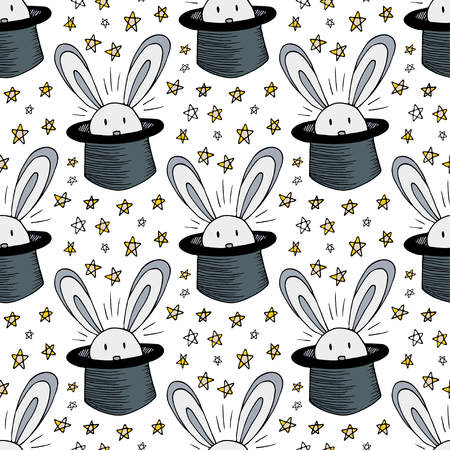 Rabbit in hat pattern. Vector seamless background for magic circus. Magician doodle stars decoration.のイラスト素材