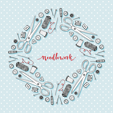 Needlework frame with sewing equipment elements. Vector hand drawn doodle frame with craft suppliesのイラスト素材