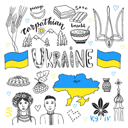 Vector hand drawn line art set of Ukraine signs and people characters. Ukrainian icons collection with tradition food.のイラスト素材