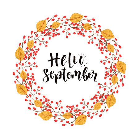 Hello September modern calligraphy art. Vector lettering with autumn frame.のイラスト素材
