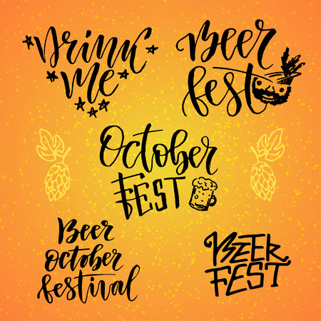 October Fest calligraphic set. Beer fest. Drink me. Handwritten lettering for holiday decoration.のイラスト素材