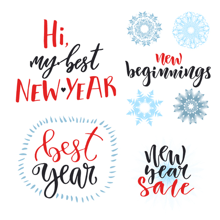 New Year calligraphic lettering set. Vector design for greeting prints. New Year Sale. New Beginnings.のイラスト素材