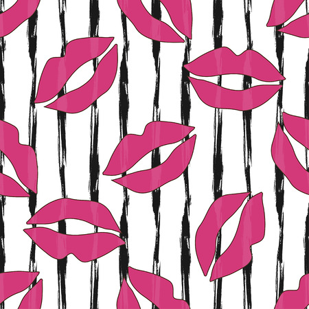 Lipstick kiss print. Vector fashion seamless pattern for textile or wrapping. Valentines day background with pink lips on striped wallpaper.のイラスト素材